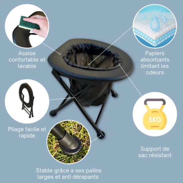 Toilette portable HABEYGARD® – assise confortable, pliable, patins antidérapants, support 5 kg