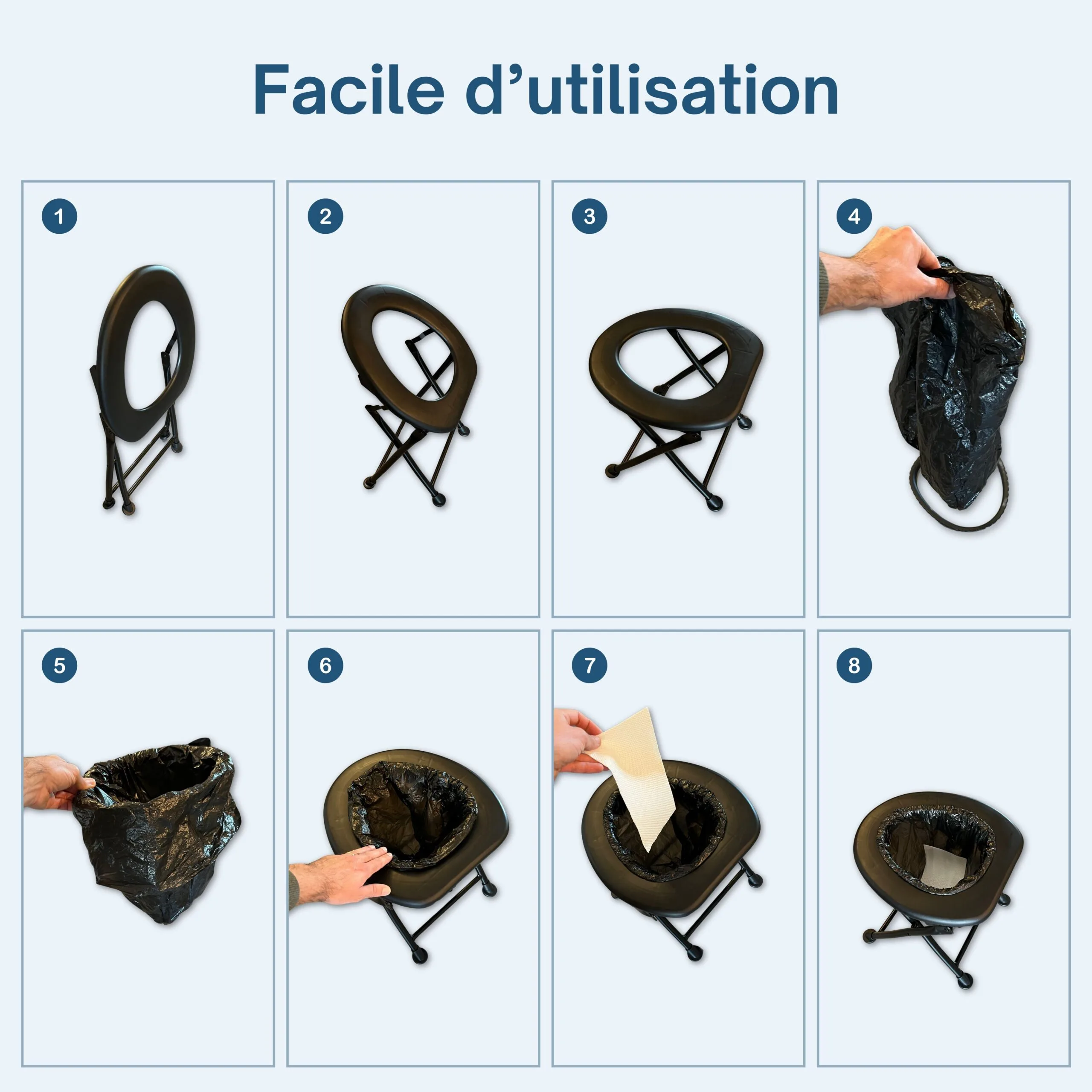 Toilette portable HABEYGARD® – guide d'utilisation en 8 étapes faciles