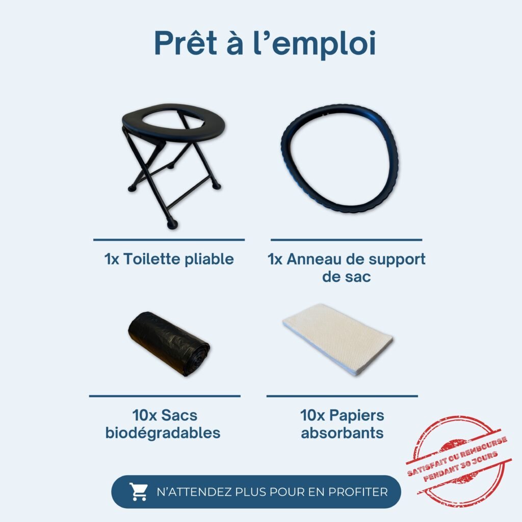 Contenu de la boîte toilette portable HABEYGARD® – toilette, anneau, 10 sacs biodégradables, 10 papiers absorbants