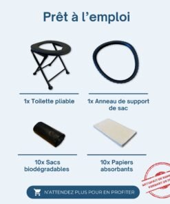 Contenu de la boîte toilette portable HABEYGARD® – toilette, anneau, 10 sacs biodégradables, 10 papiers absorbants