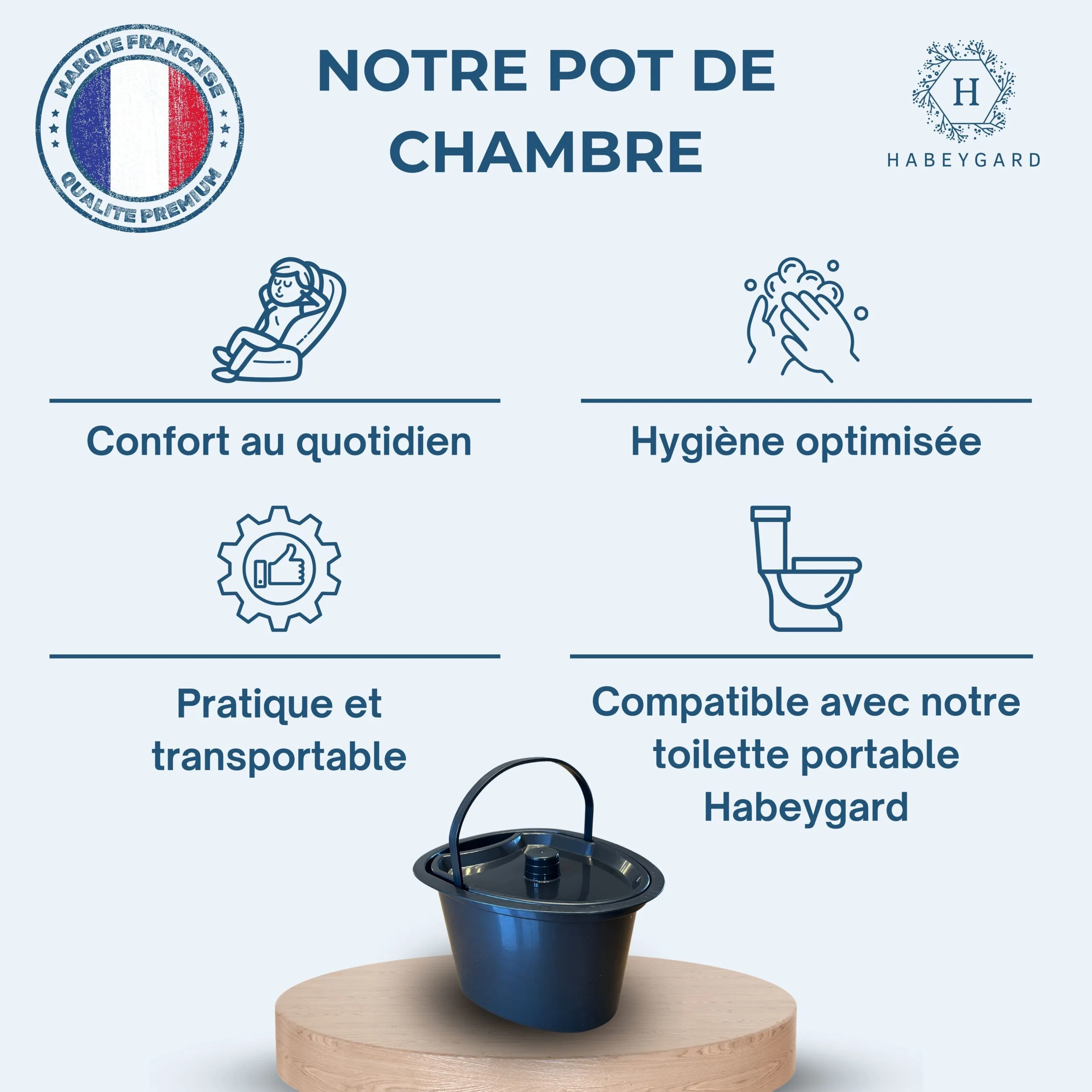Pot de chambre HABEYGARD® – confort quotidien, hygiène optimisée, compatible toilette portable