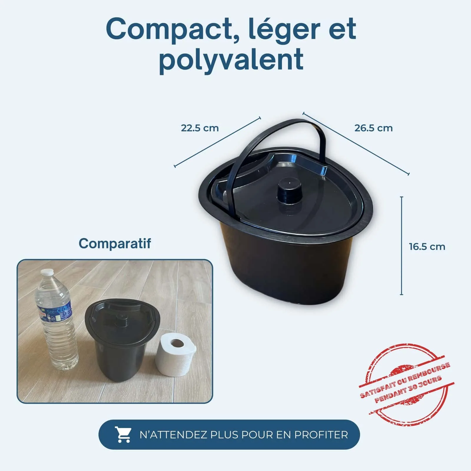 Pot de chambre HABEYGARD® – dimensions 26,5x22,5x16,5 cm, compact et léger