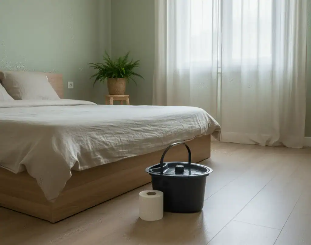 Pot de chambre Habeygard® avec couvercle posé dans une chambre à coucher