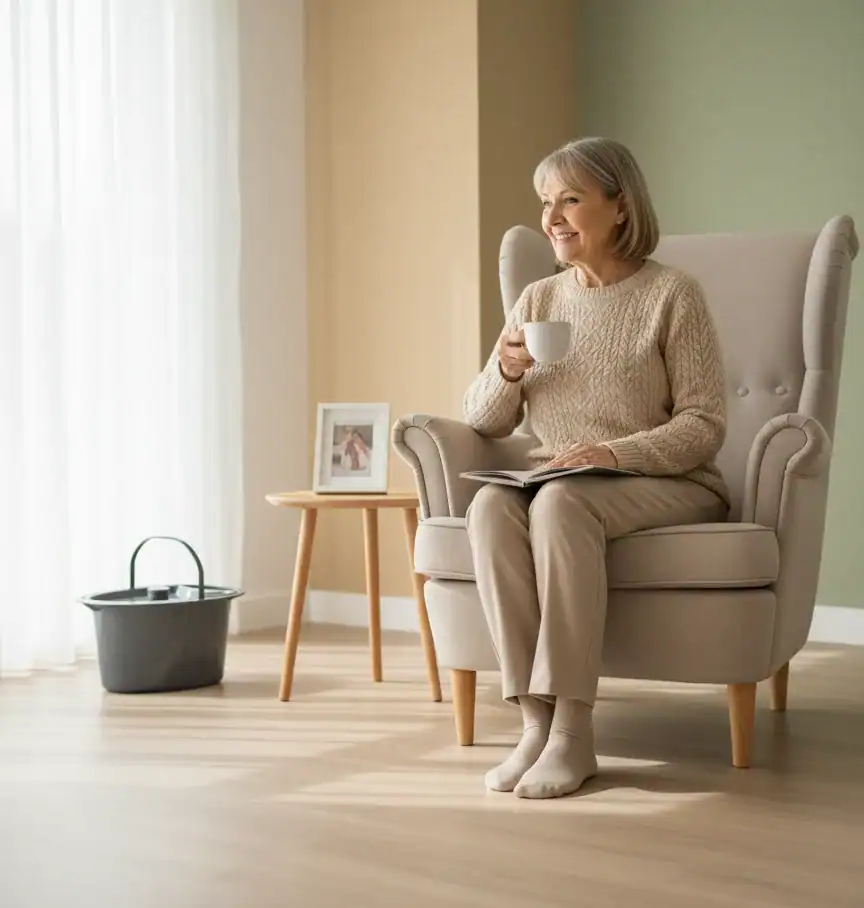 Femme senior confortablement installée chez elle — usage du pot de chambre Habeygard®
