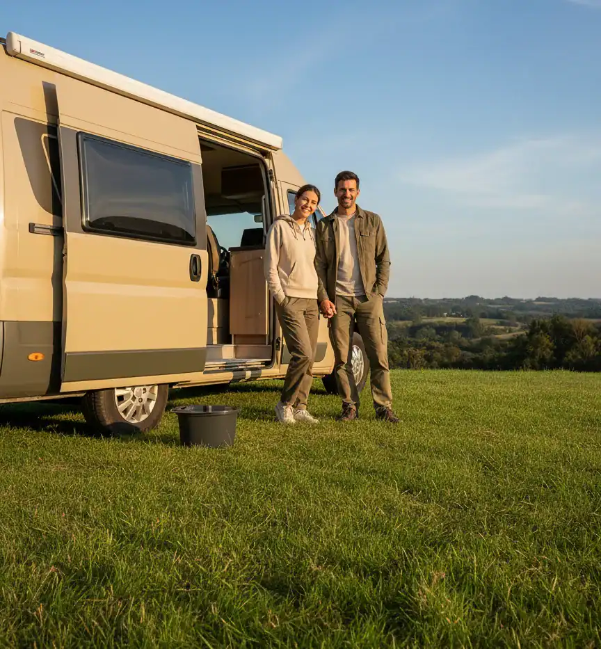 Couple devant un camping-car en pleine nature avec pot de chambre Habeygard®
