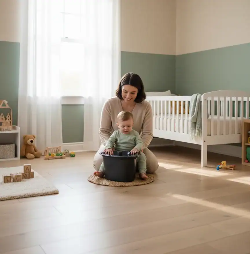 Mère et bébé dans une chambre d'enfant avec pot de chambre Habeygard®