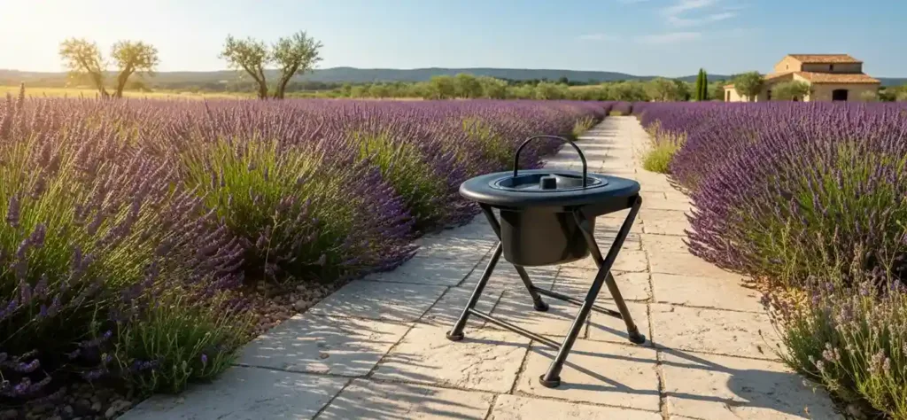 Toilette portable Habeygard® dans un champ de lavande en Provence