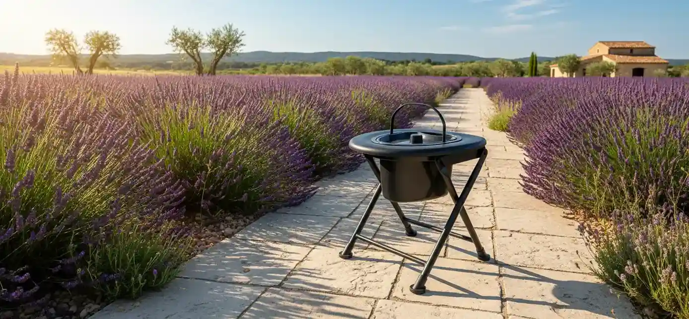 Toilette portable Habeygard® dans un champ de lavande en Provence