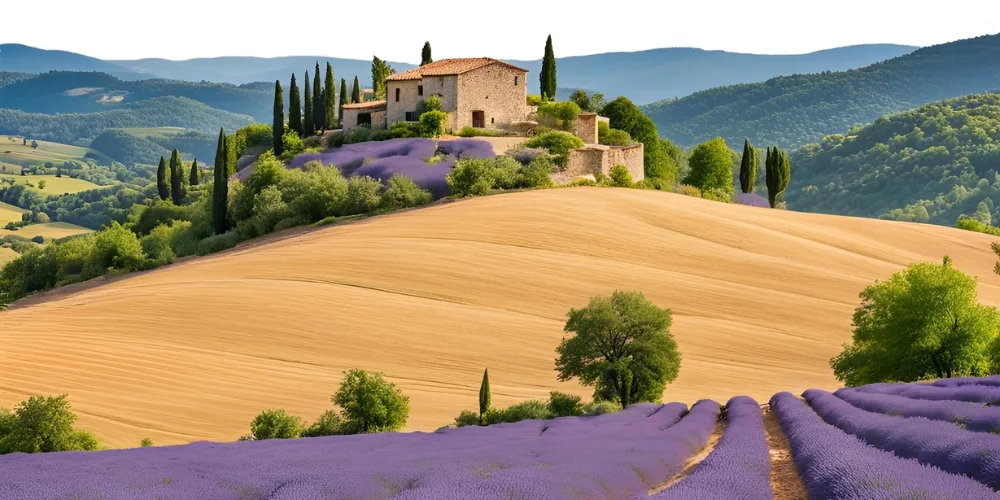 Mas provençal entouré de lavande et de cyprès en Provence