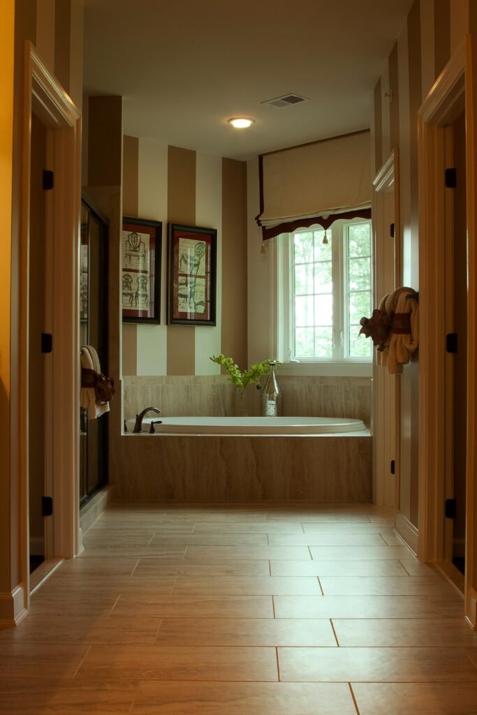Stylish bathroom featuring a modern bathtub and chic interior design.