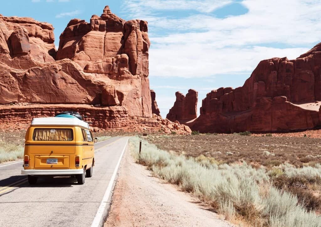 arches national park, van, drive, road trip, journey, desert, arid, canyon, colorado, daylight, erosion, geology, landscape, mountains, outdoors, road, rocky, sandstone, scenic, tourism, travel, vacation, valley, nature, monument valley, rock formations
