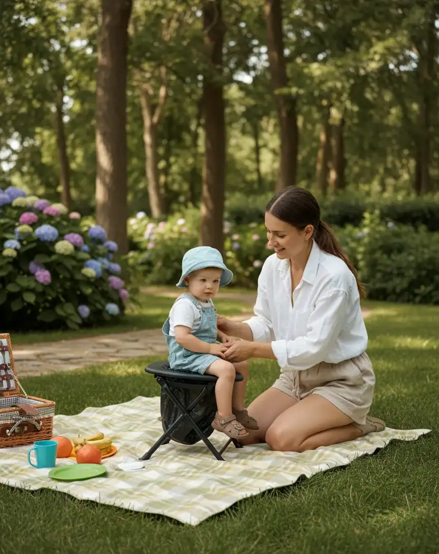 Mère et bébé dans un jardin avec toilette portable Habeygard®