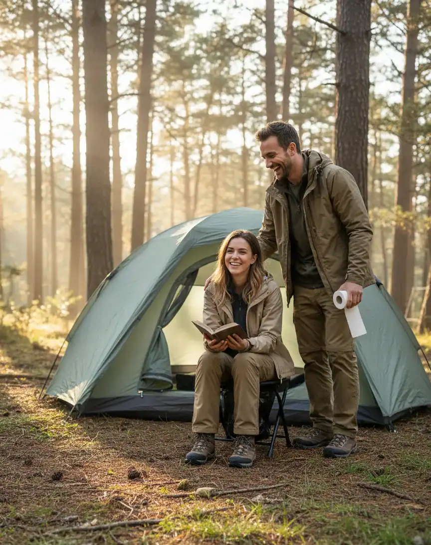 Couple randonneur devant une tente en forêt avec toilette portable Habeygard®