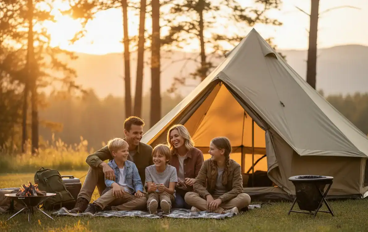 Famille en camping au coucher du soleil devant tente tipi