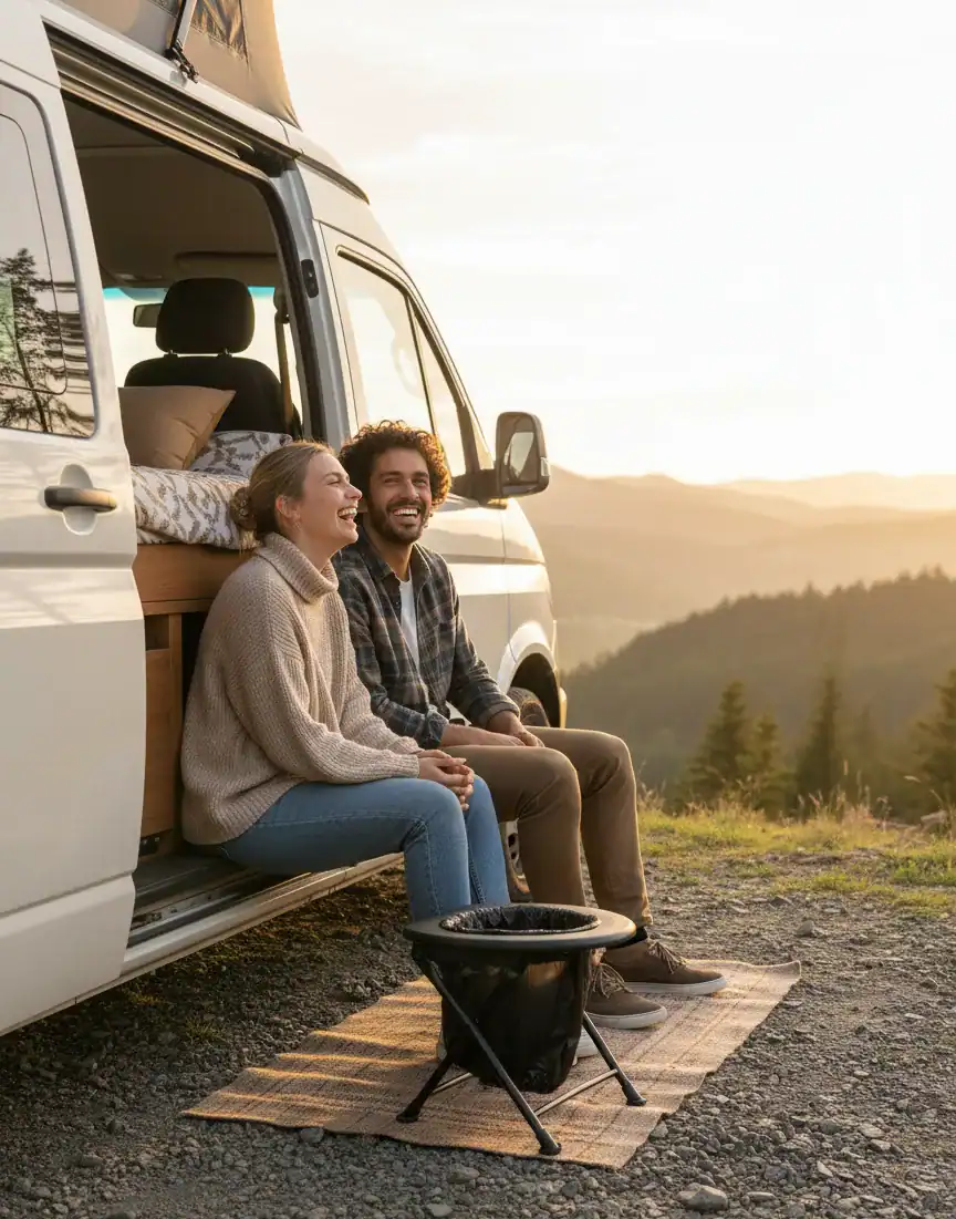 Couple assis à l'arrière d'un van avec toilette portable Habeygard® au crépuscule