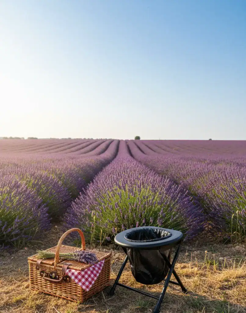 Toilette portable Habeygard® dans un champ de lavande en Provence