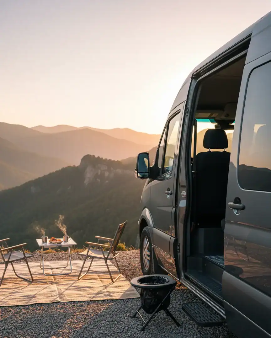 Van garé en montagne avec toilette portable Habeygard® posée à l'extérieur
