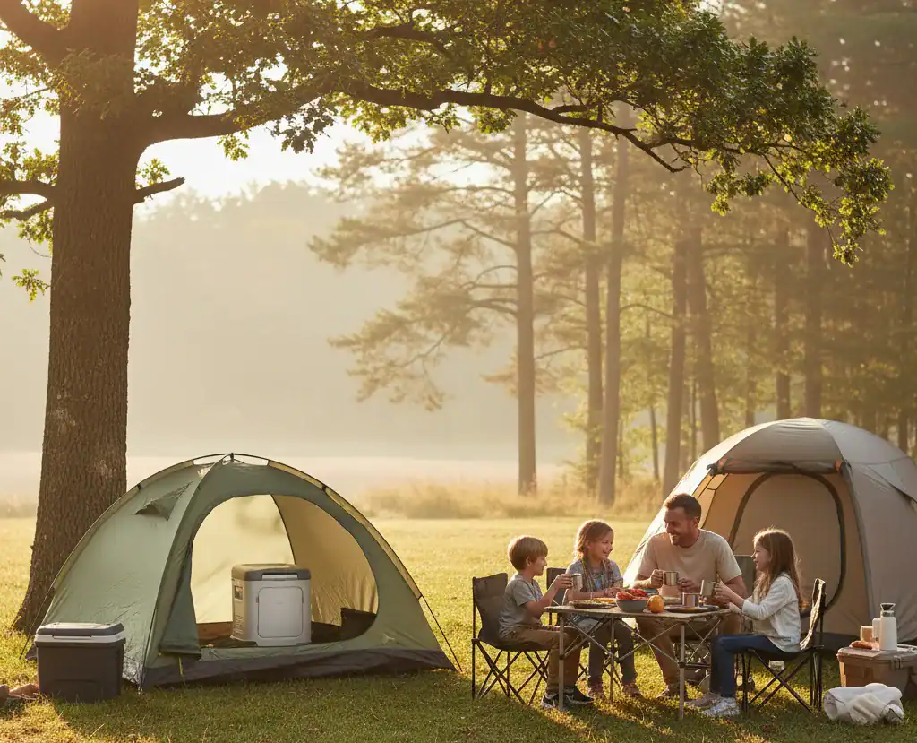 Famille autour d'une table en camping dans une clairière ensoleillée