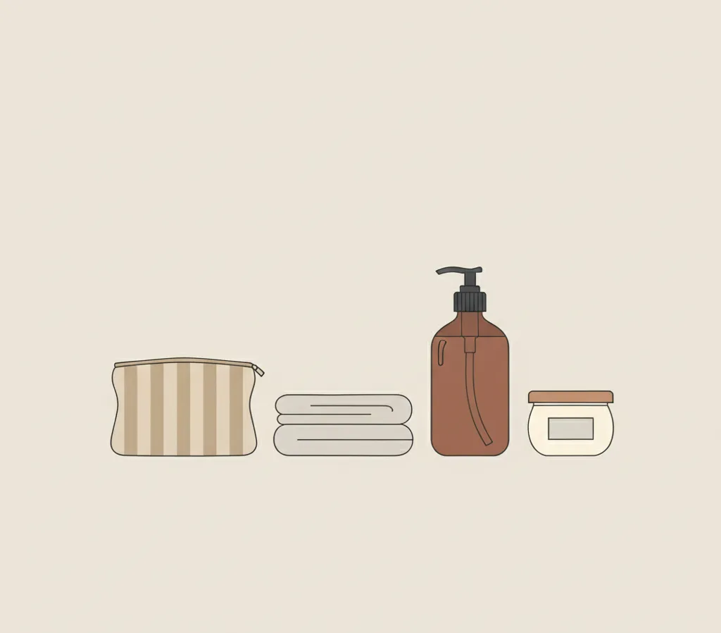 Illustration accessoires de toilette rangés — trousse, serviettes, savon