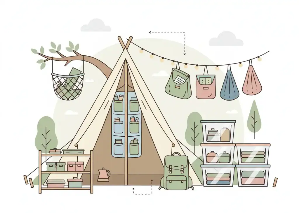 Illustration tente de camping avec rangements suspendus et boîtes organisées