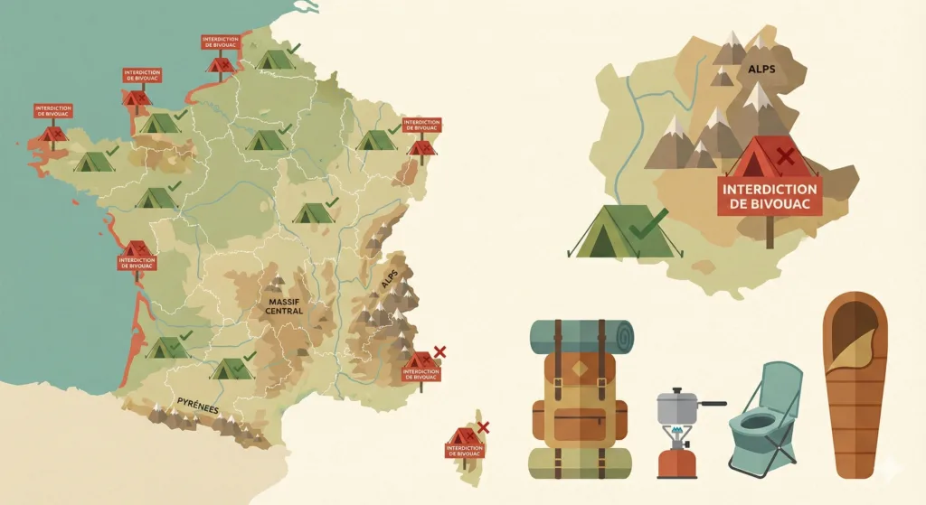 Carte de France stylisée avec spots de camping et sites naturels
