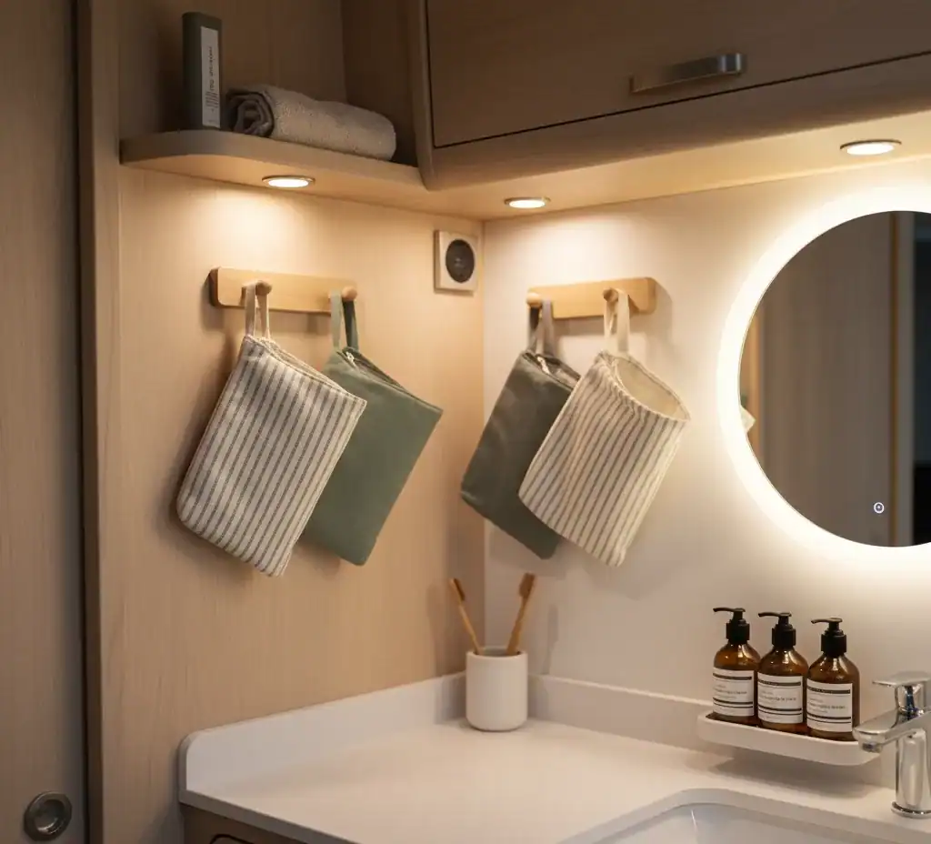 Coin salle de bain minimaliste avec serviettes et miroir rond éclairé