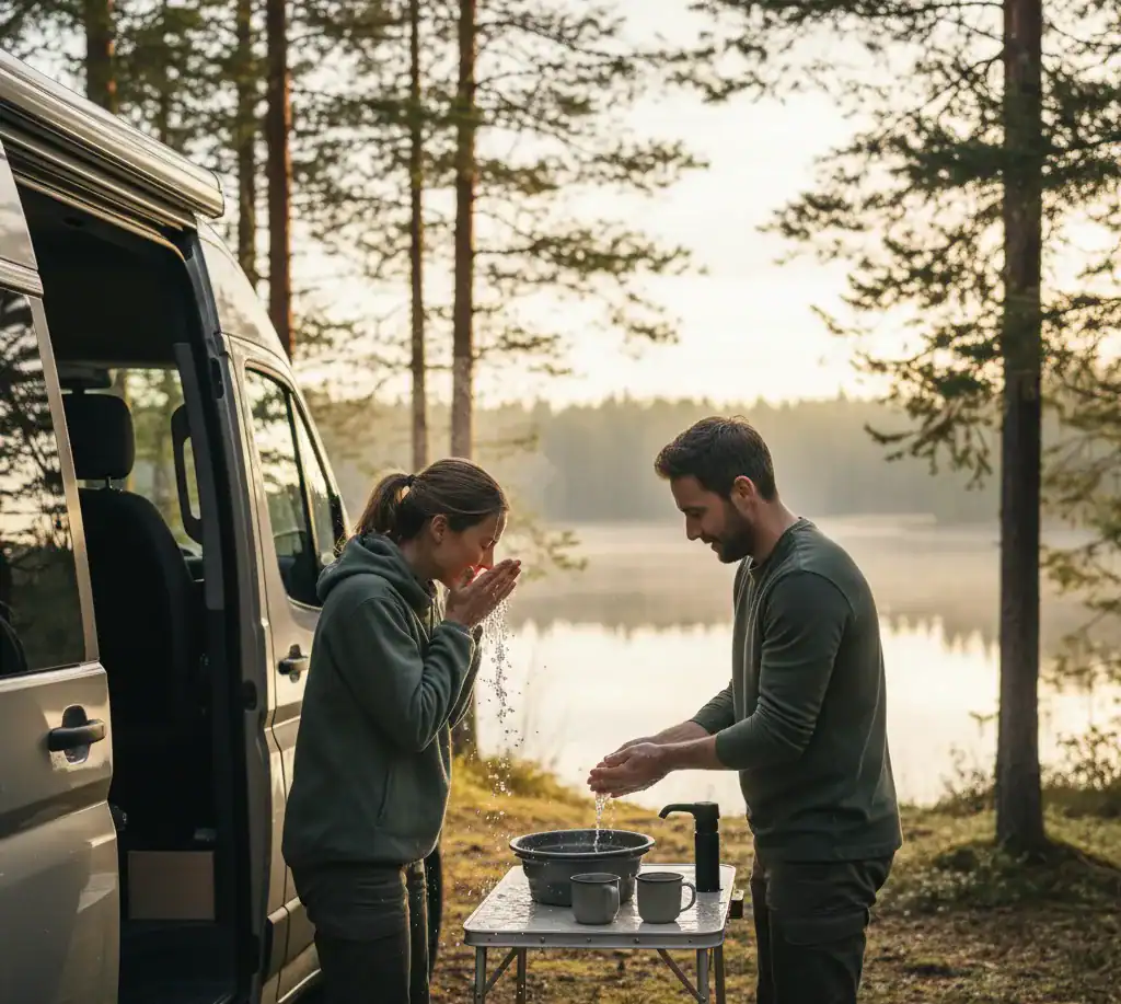 Couple se lavant les mains à l'extérieur d'un van au bord d'un lac