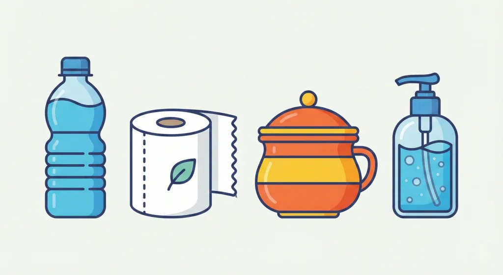 illustration flat design d'un kit de survie embouteillage : bouteille d'eau, papier toilette, pot de chambre stylisé et gel hydroalcoolique