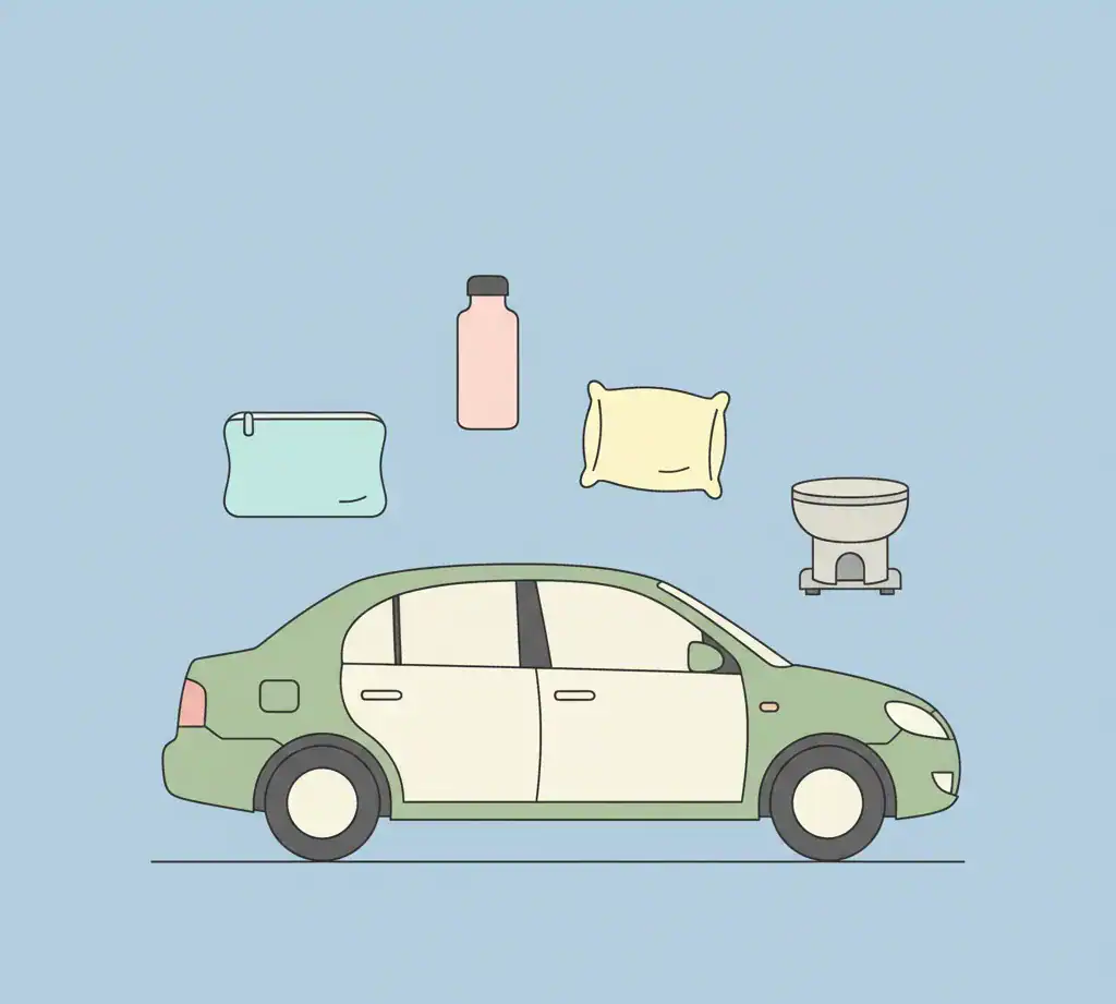 Illustration voiture avec accessoires voyage dont toilette portable Habeygard®
