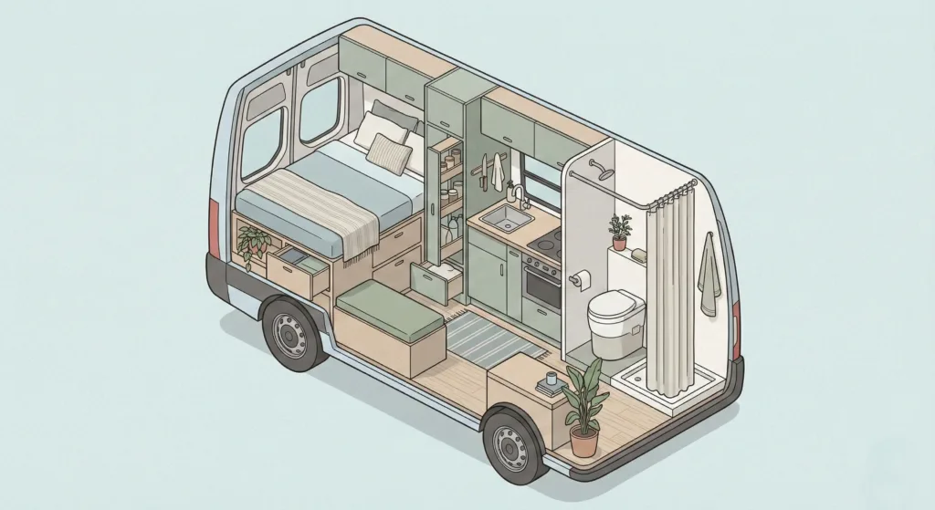 Illustration isométrique van aménagé avec espace toilette — vie nomade