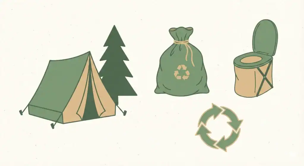 Illustration toilette sèche, compost et nature — cycle écologique camping
