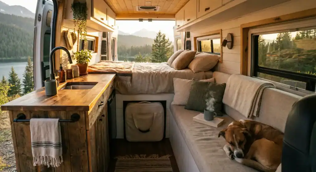 Intérieur d'un van aménagé avec cuisine, couchage et toilettes intégrées