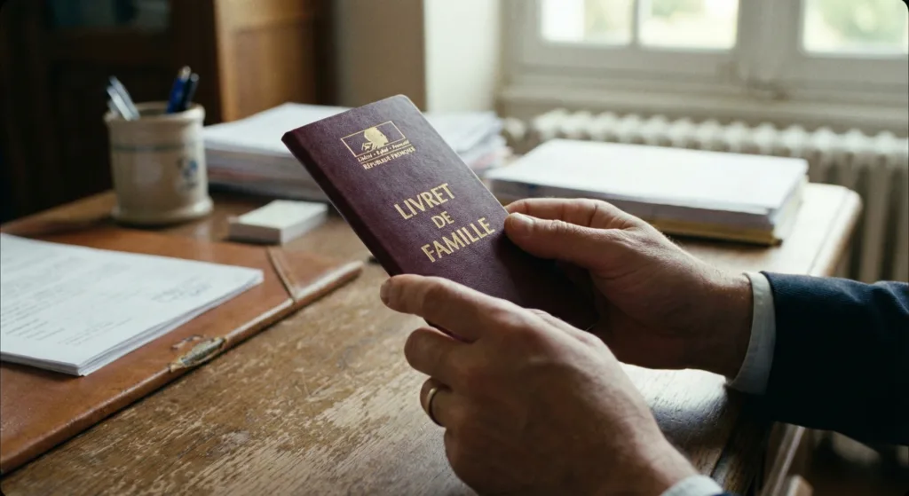 Mains tenant un livret de famille bordeaux sur un bureau