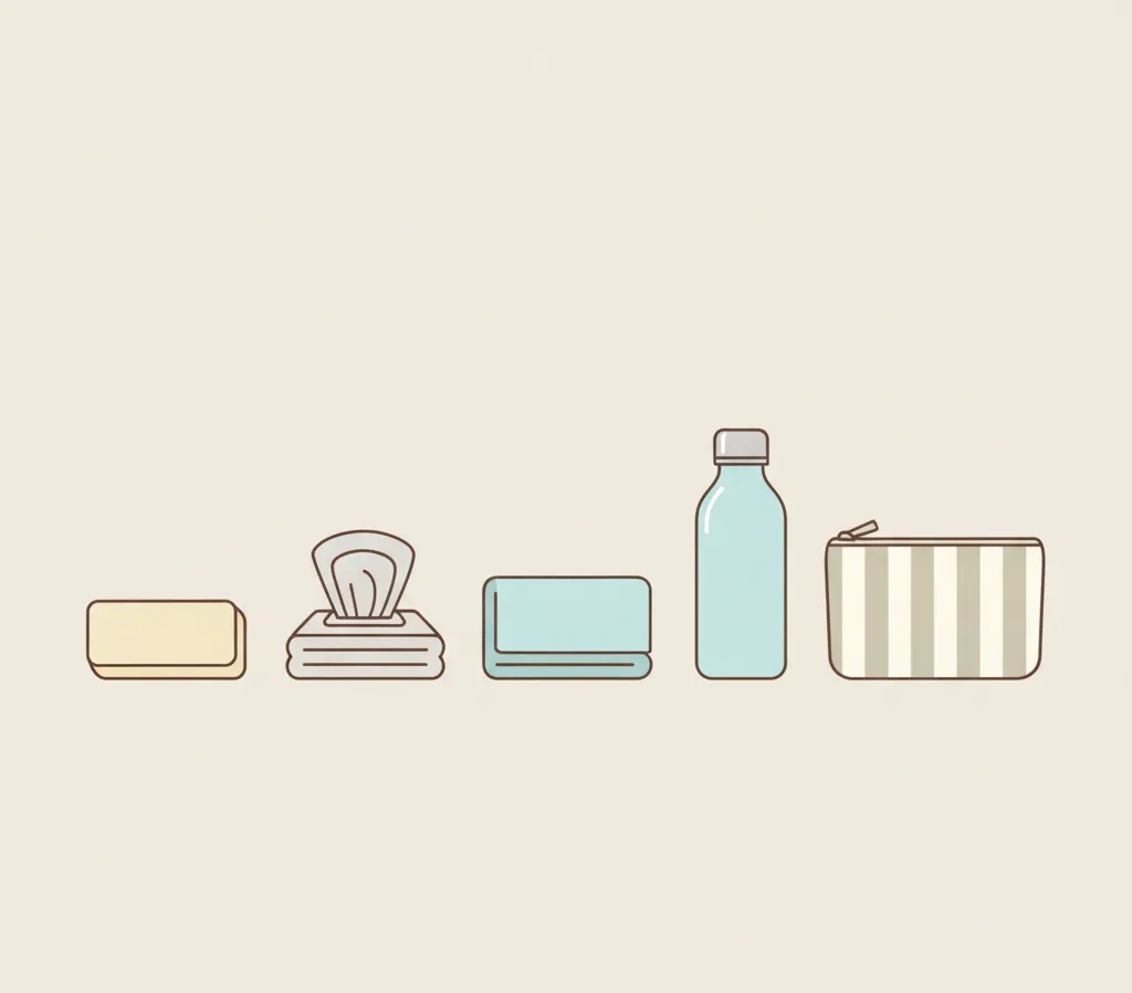 Illustration kit minimaliste de voyage — lingettes, savon, bouteille, pochette