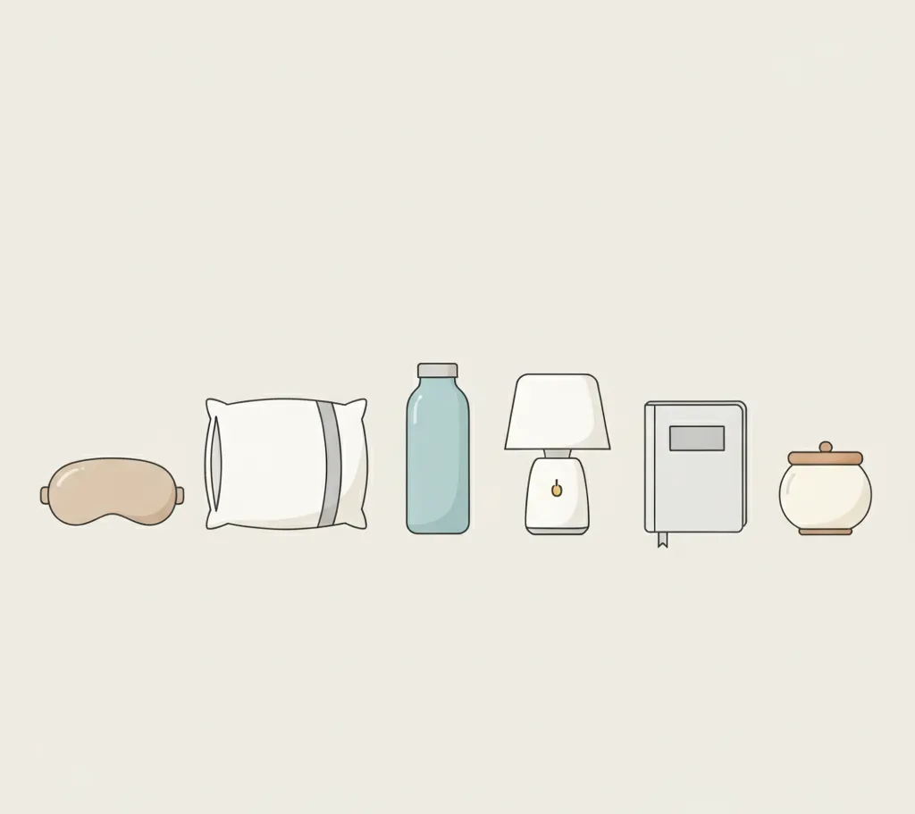 Illustration objets de confort nocturne — masque, oreiller, bouteille, lampe