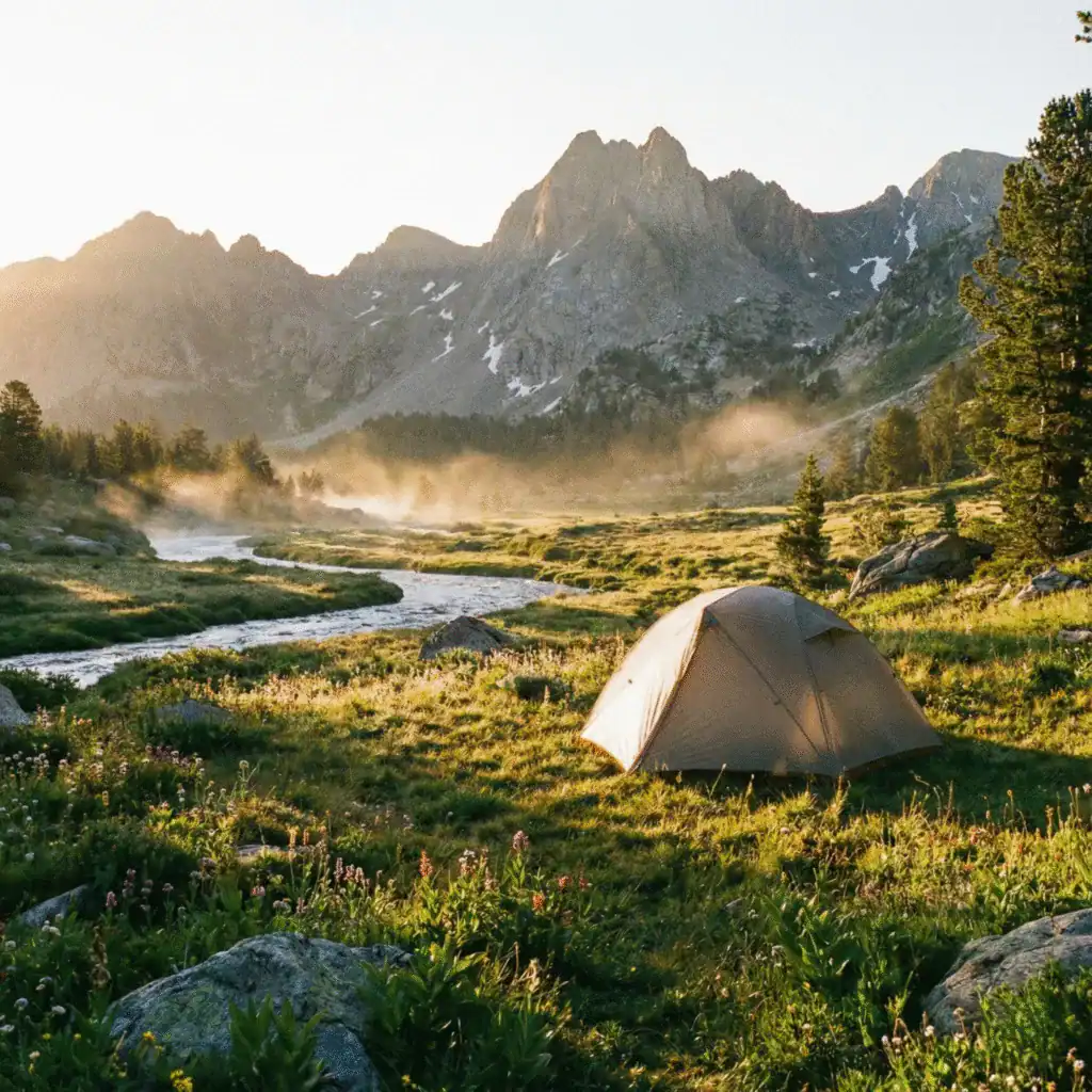 Tente de bivouac dans un pré alpin face aux montagnes enneigées au lever du soleil