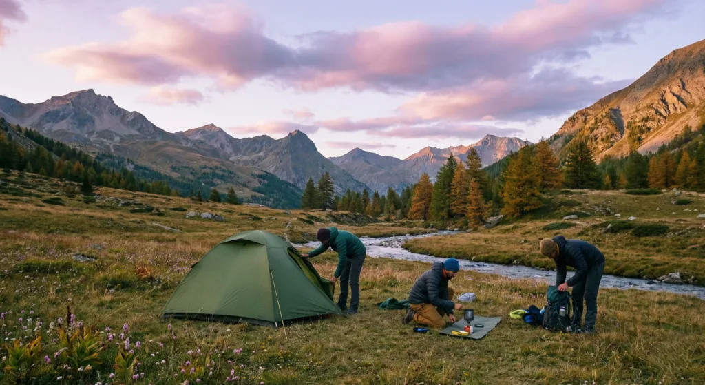 Trois randonneurs montant une tente de bivouac en montagne au coucher du soleil
