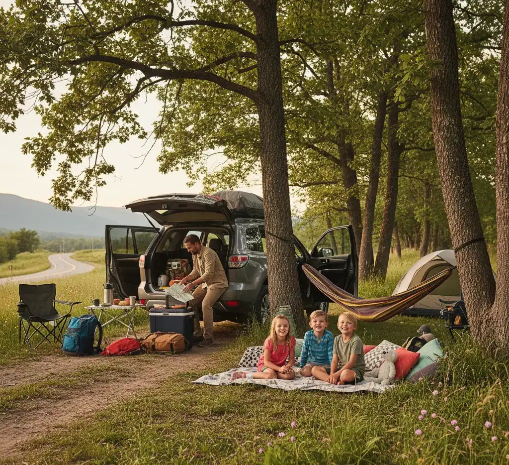 Famille en road trip avec enfants installée au bord d'un chemin forestier