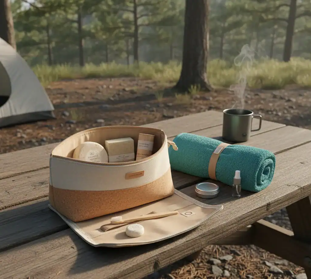 Kit de toilette minimaliste posé sur table de pique-nique en forêt