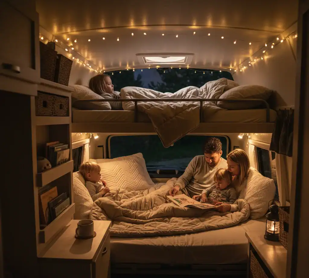 Famille endormie dans un van aménagé avec guirlandes lumineuses