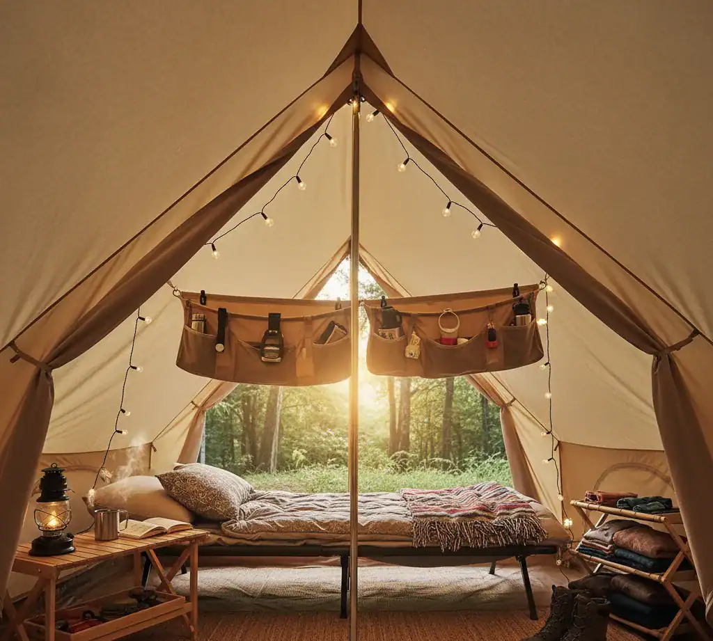 Intérieur d'une tente tipi décorée avec guirlandes lumineuses et lit