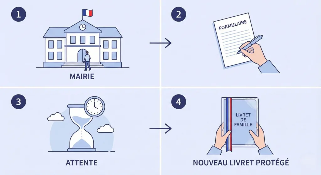 Illustration 4 étapes : mairie, formulaire, attente, nouveau livret protégé