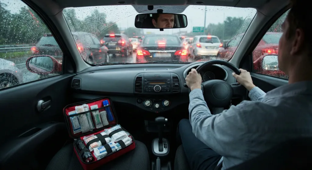 vue intérieure d'une voiture coincée dans les embouteillages sous la pluie, ambiance stressante mais avec un kit de secours bien rangé au premier plan, style réaliste
