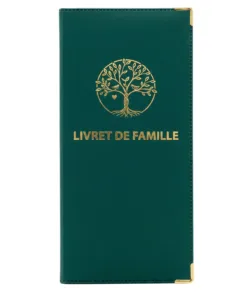 Protège livret de famille Habeygard® vert bouteille – couverture fermée, inscription dorée et arbre de vie, coins métal or