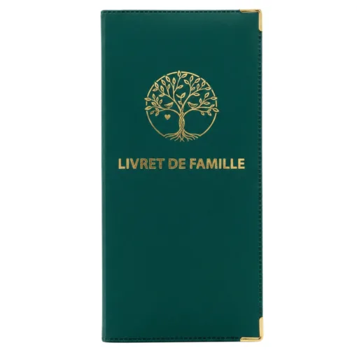 Protège livret de famille Habeygard® vert bouteille – couverture fermée, inscription dorée et arbre de vie, coins métal or