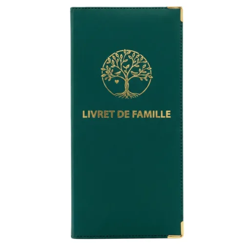 Protège livret de famille Habeygard® vert bouteille – couverture fermée, inscription dorée et arbre de vie, coins métal or