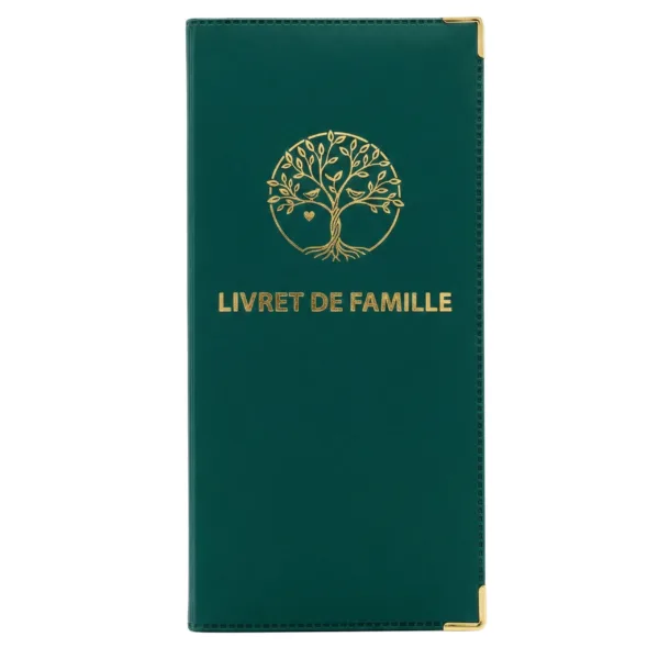 Protège livret de famille Habeygard® vert bouteille – couverture fermée, inscription dorée et arbre de vie, coins métal or