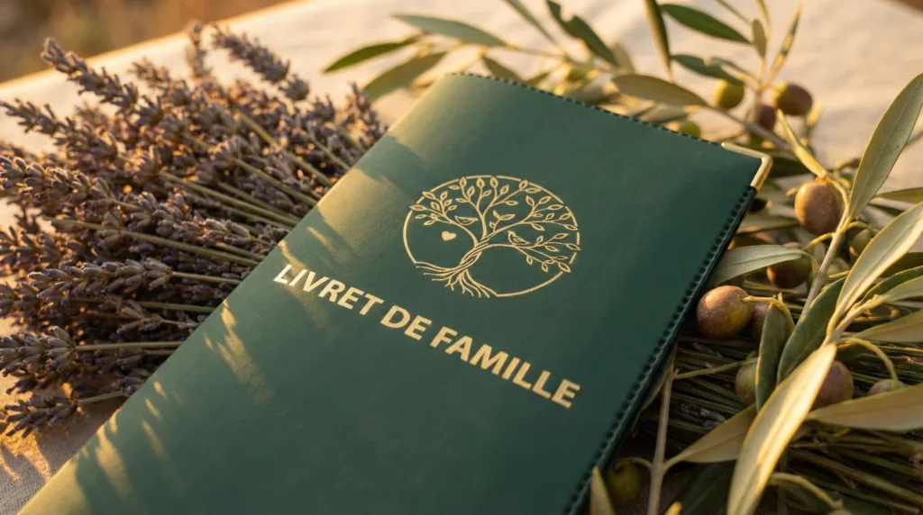 Couverture livret de famille Habeygard design Provence sur table en bois avec lavande.