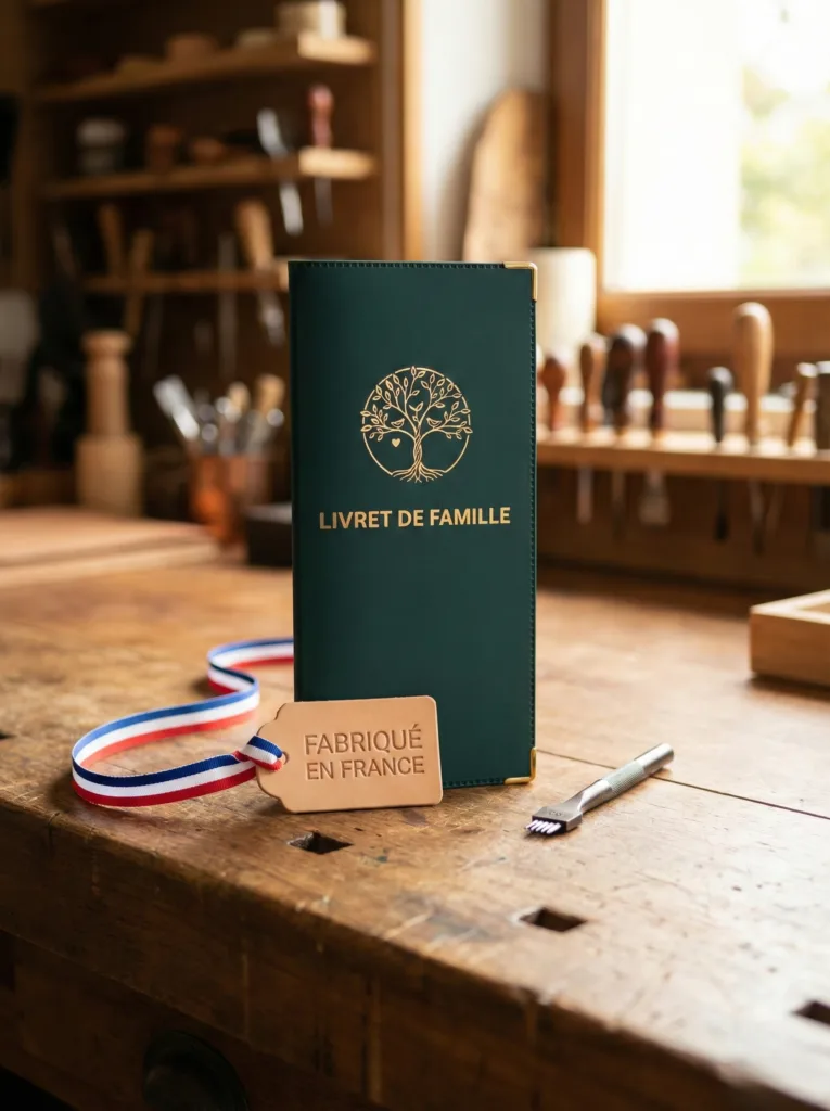 Housse de livret de famille fabrication française artisanale Habeygard avec drapeau tricolore.
