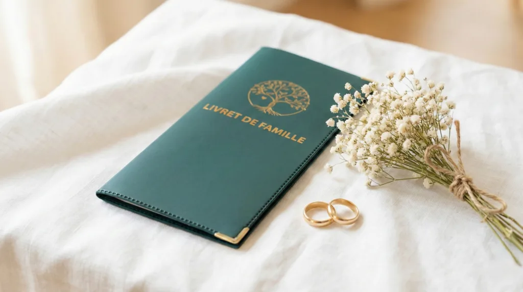 Protège livret de famille Habeygard® vert bouteille posé avec bouquet et alliances